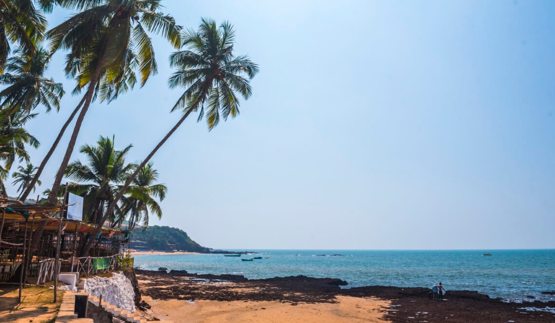 Tropical, sandy Anjuna Beach on the Goa coast, India